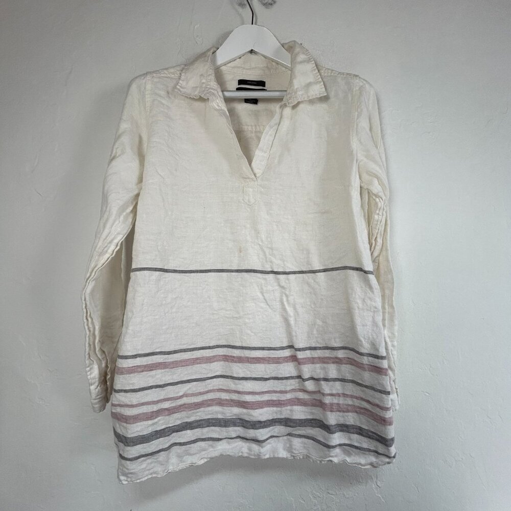 Tahari Womens Long-Sleeve Striped Linen Tunic Top V-Neck Collar Cream White